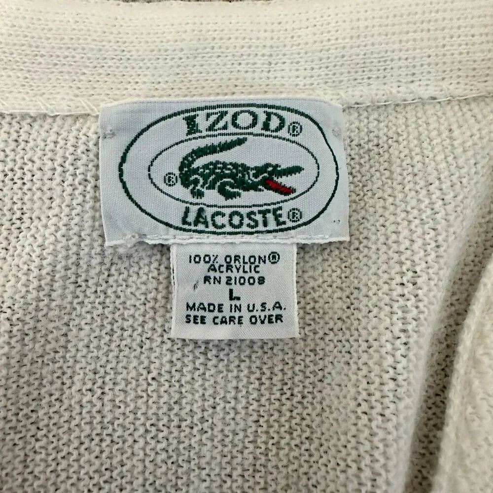 Vtg Izod lacoste Cardigan Sweater L White Orlon Acrylic USA Made Cracodile